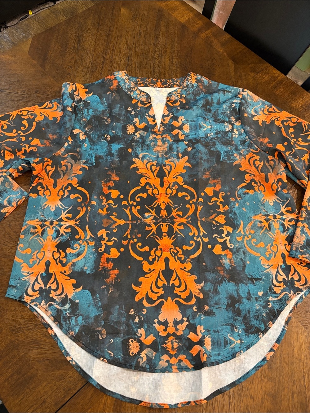 Women's Teal and Orange Printed Long-Sleeve Blouse